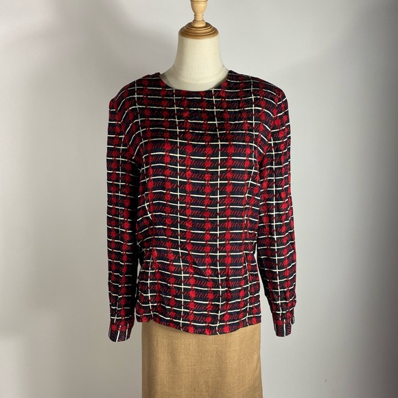VINTAGE Silk Plaid Talbots Long Sleeve Blouse Holiday Red Black Purple Womens 14 - Picture 2 of 8